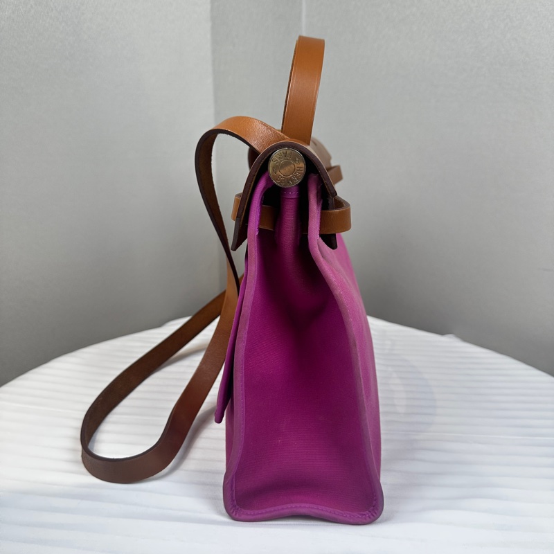 愛馬仕/Hermes Herbag 31 Hunter牛皮拼玫瑰紫帆布銀扣31x10x24cm-2