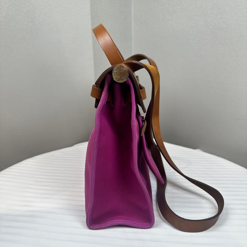 愛馬仕/Hermes Herbag 31 Hunter牛皮拼玫瑰紫帆布銀扣31x10x24cm-3