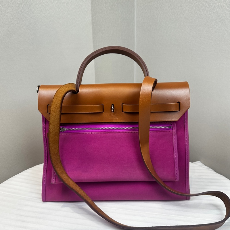 愛馬仕/Hermes Herbag 31 Hunter牛皮拼玫瑰紫帆布銀扣31x10x24cm-10