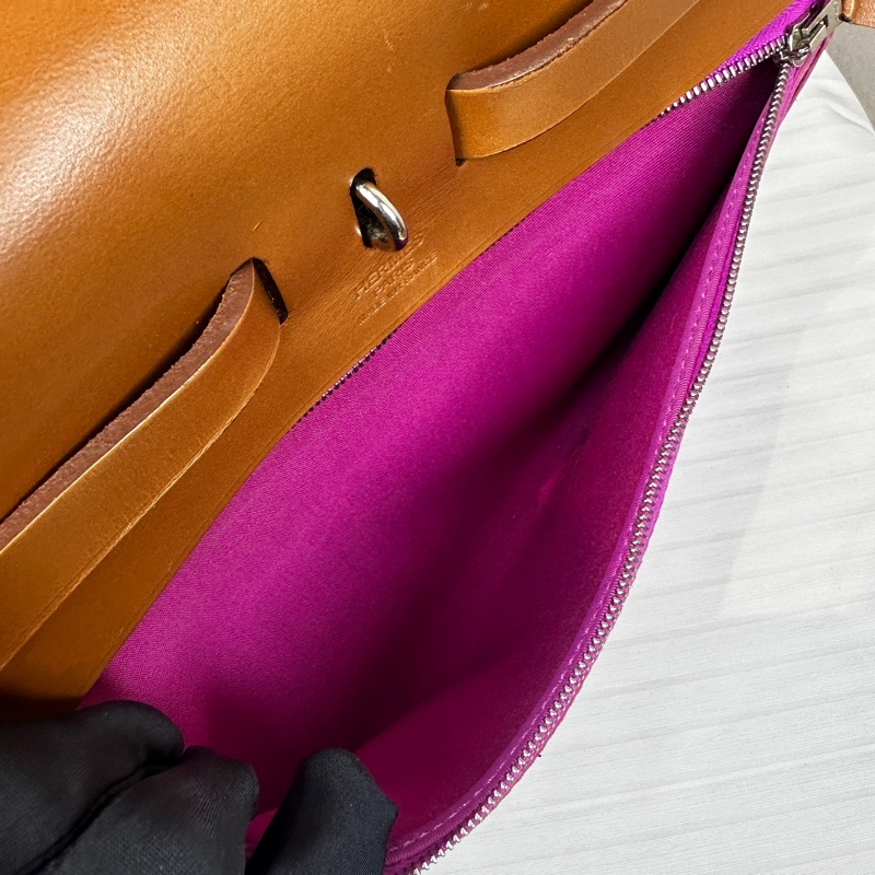 愛馬仕/Hermes Herbag 31 Hunter牛皮拼玫瑰紫帆布銀扣31x10x24cm-13