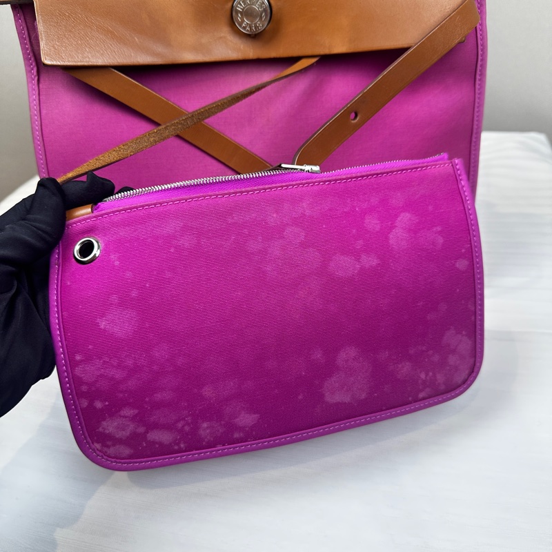 愛馬仕/Hermes Herbag 31 Hunter牛皮拼玫瑰紫帆布銀扣31x10x24cm-14