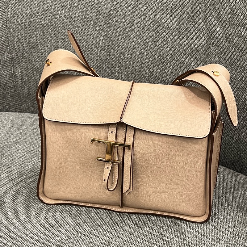 TOD’S T-Timeless 中號 T字綴飾可調整背帶小牛皮翻蓋手提包 奶茶色-0