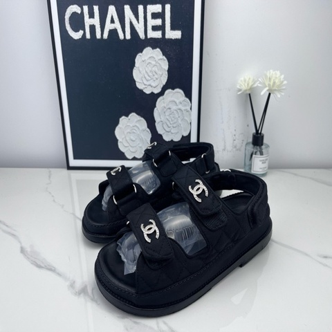 97新 Chanel 香奈兒 黑銀水鑽雙C涼鞋 37碼