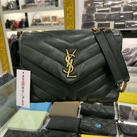 東區正精品㊣YSL Saint Laurent LOU LOU 深綠色全皮山形紋金釦雙鍊帶斜背包肩背包 RZ5113