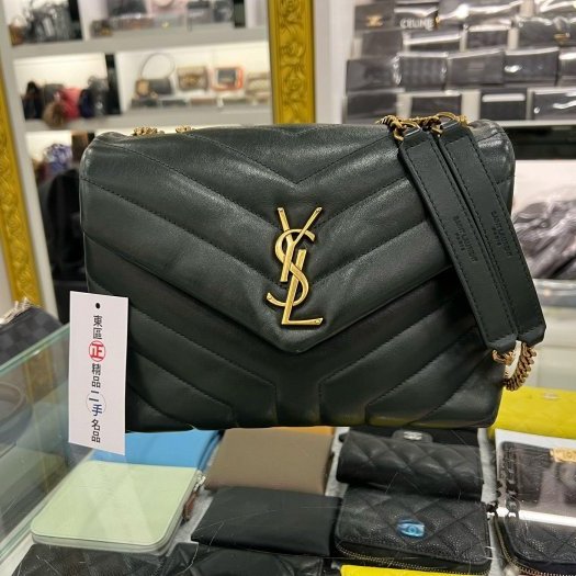 東區正精品㊣YSL Saint Laurent LOU LOU 深綠色全皮山形紋金釦雙鍊帶斜背包肩背包 RZ5113-0