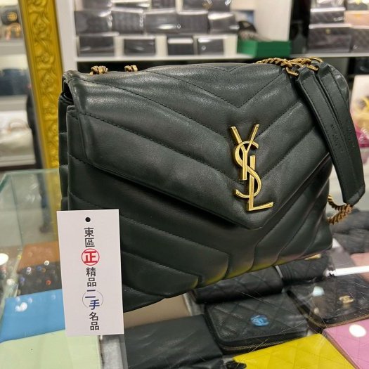 東區正精品㊣YSL Saint Laurent LOU LOU 深綠色全皮山形紋金釦雙鍊帶斜背包肩背包 RZ5113-1