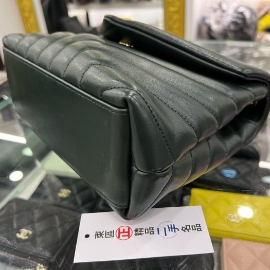 東區正精品㊣YSL Saint Laurent LOU LOU 深綠色全皮山形紋金釦雙鍊帶斜背包肩背包 RZ5113-5