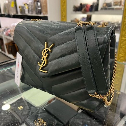 東區正精品㊣YSL Saint Laurent LOU LOU 深綠色全皮山形紋金釦雙鍊帶斜背包肩背包 RZ5113-6