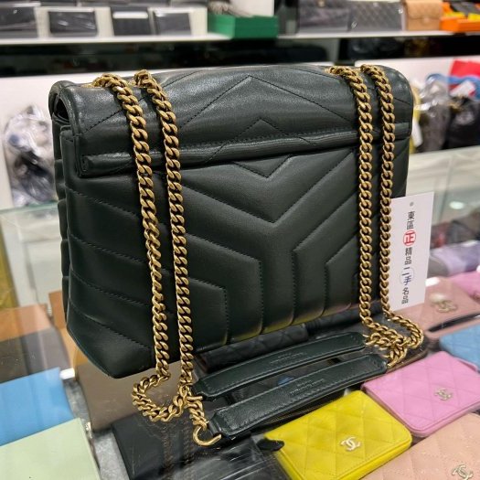 東區正精品㊣YSL Saint Laurent LOU LOU 深綠色全皮山形紋金釦雙鍊帶斜背包肩背包 RZ5113-7