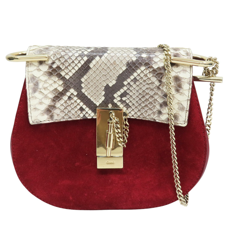 紅色麂皮拚蛇皮 鏈帶肩背包【Chloe 克羅伊】 3S1031 H8V-0