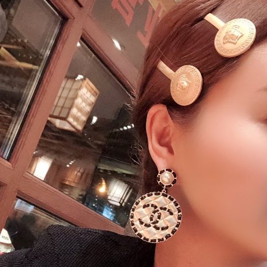 CHANEL - 金色圓形菱格皮穿鍊耳環-4