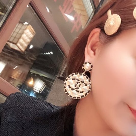 CHANEL - 金色圓形菱格皮穿鍊耳環-5