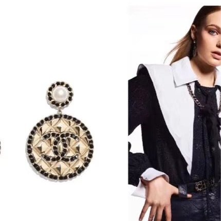 CHANEL - 金色圓形菱格皮穿鍊耳環-6