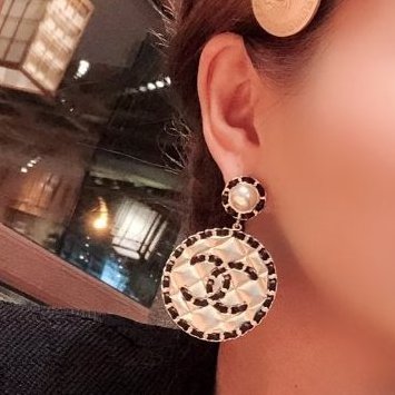 CHANEL - 金色圓形菱格皮穿鍊耳環-2