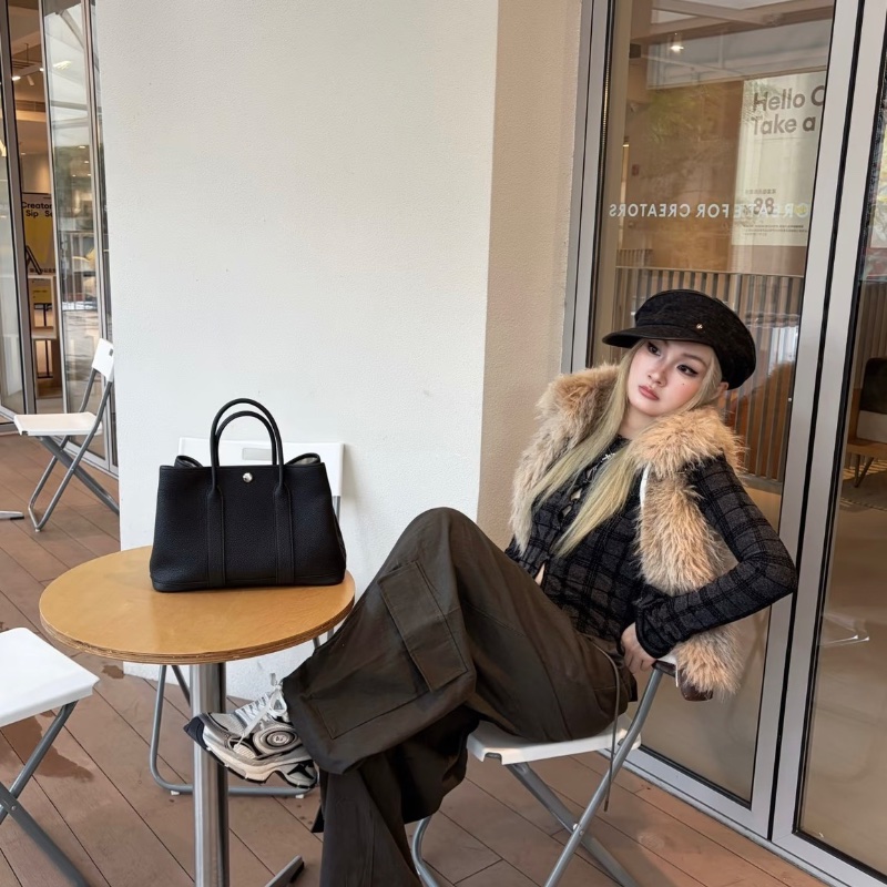 HERMES 帆布拼皮銀扣花園30手提包30*21*14 98新配件盒子塵袋-0