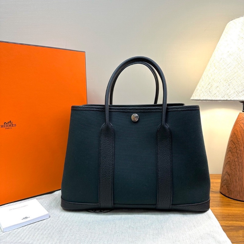 HERMES 帆布拼皮銀扣花園30手提包30*21*14 98新配件盒子塵袋-1