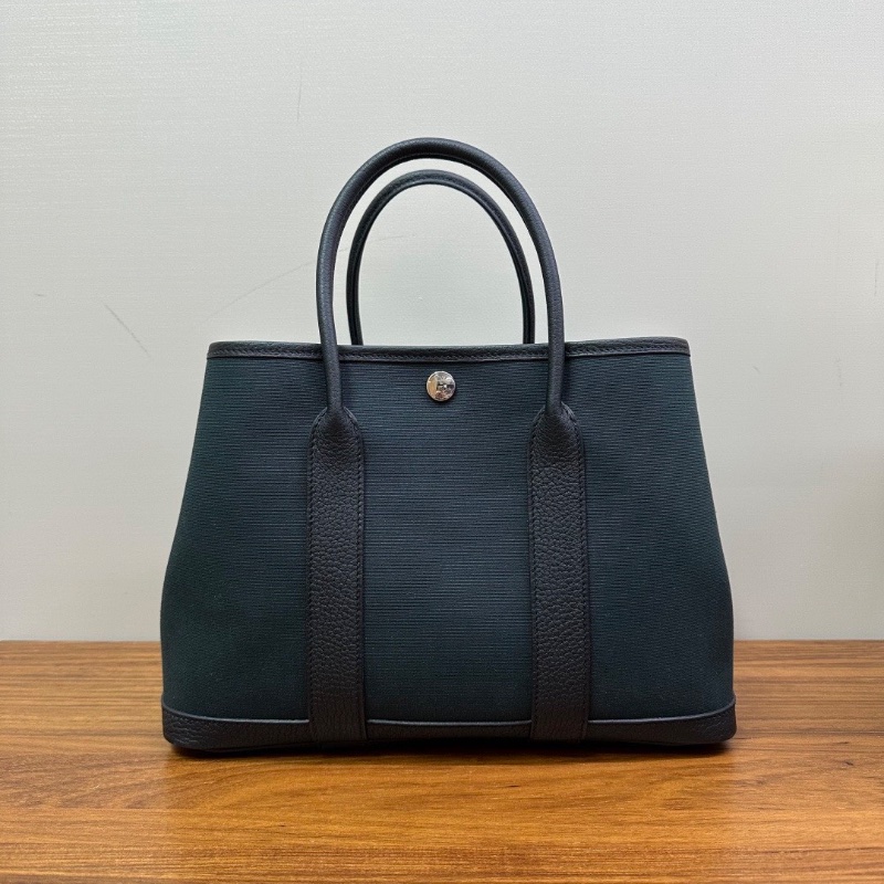 HERMES 帆布拼皮銀扣花園30手提包30*21*14 98新配件盒子塵袋-6