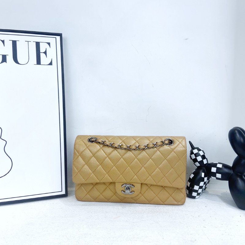 【CHANEL】香奈兒 Caviar Classic Flap Bag 25 焦糖色 銀扣 CF25 25x6x15 正品（二手）-0