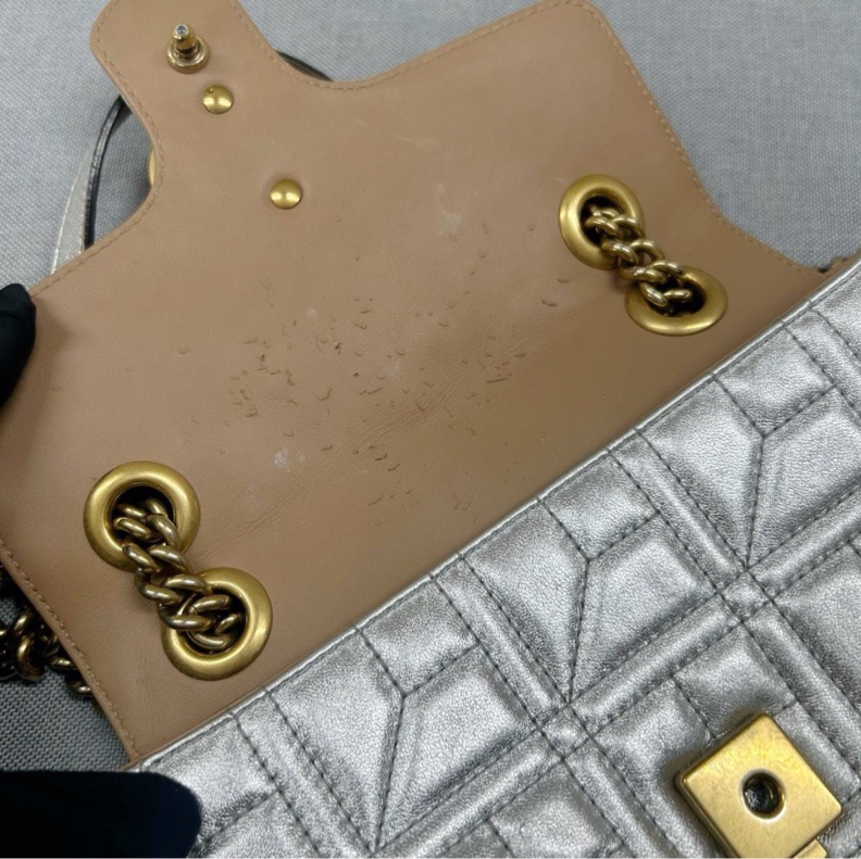 【潮人之選✨全網最低價】Gucci 古馳 GG Marmont 22 珍珠扣太空銀 馬蒙鏈條包 單肩斜背包-8