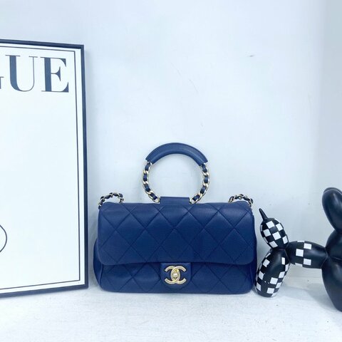 【CHANEL】香奈兒 Lambskin Classic Flap Bag 25 Handle 藍色 金扣 CF25手柄 25x6x14 正品（二手）