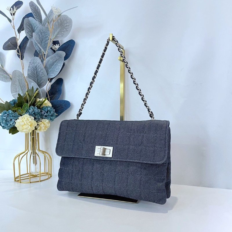 【CHANEL】香奈兒 Denim Chain Shoulder 藍色 銀扣 2.55鏈條包 25x15x6 正品（二手）-1