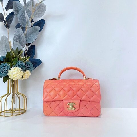 【CHANEL】香奈兒 Lambskin Classic Flap Bag 20 Handle 粉色漸變 金扣 CF20手柄 20x12x6 正品（二手）