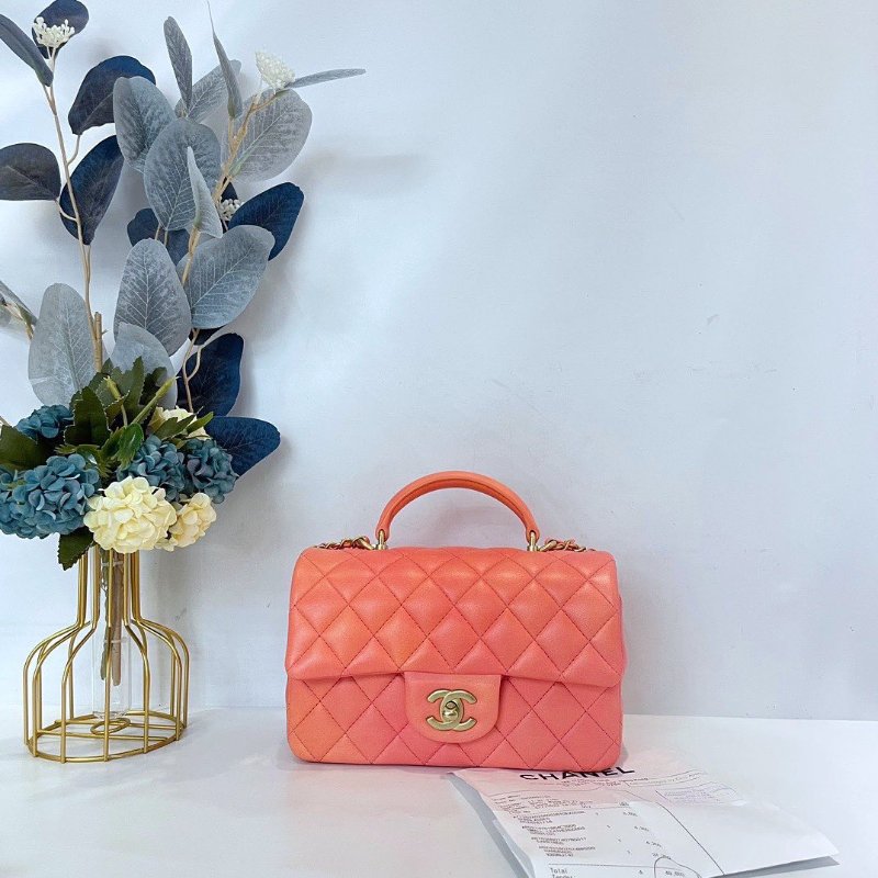 【CHANEL】香奈兒 Lambskin Classic Flap Bag 20 Handle 粉色漸變 金扣 CF20手柄 20x12x6 正品（二手）-1