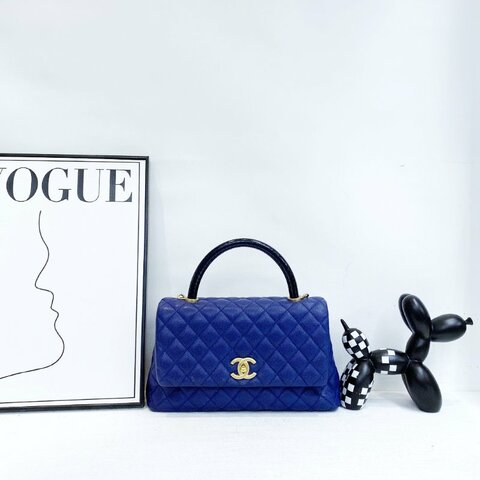 【CHANEL】香奈兒 Caviar／Snakeskin Cocohandle Medium 藍色 金扣 Cocohandle中號 29x18x12 正品（二手）