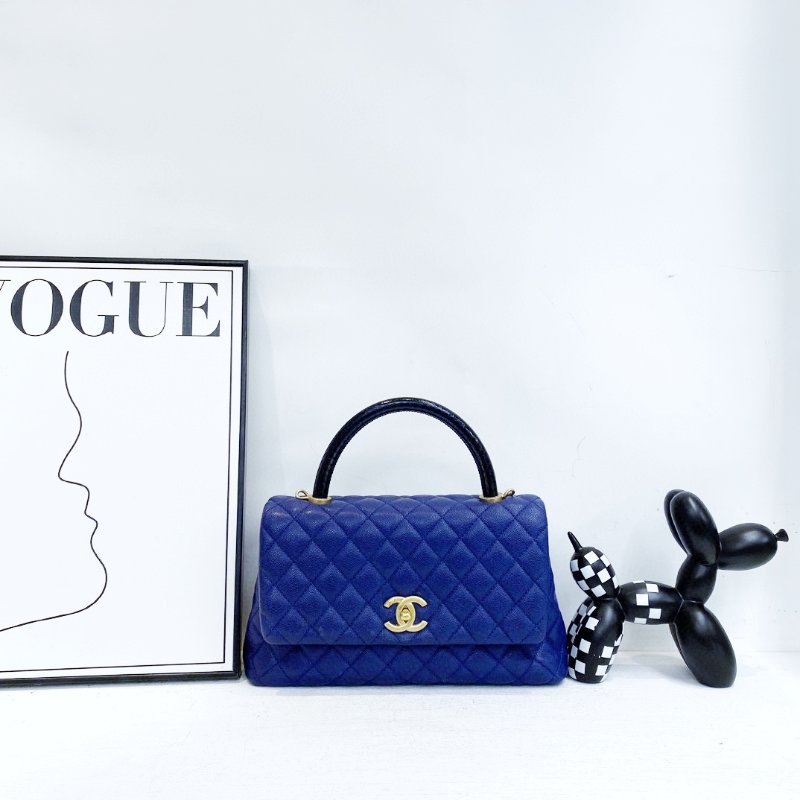 【CHANEL】香奈兒 Caviar／Snakeskin Cocohandle Medium 藍色 金扣 Cocohandle中號 29x18x12 正品（二手）-0