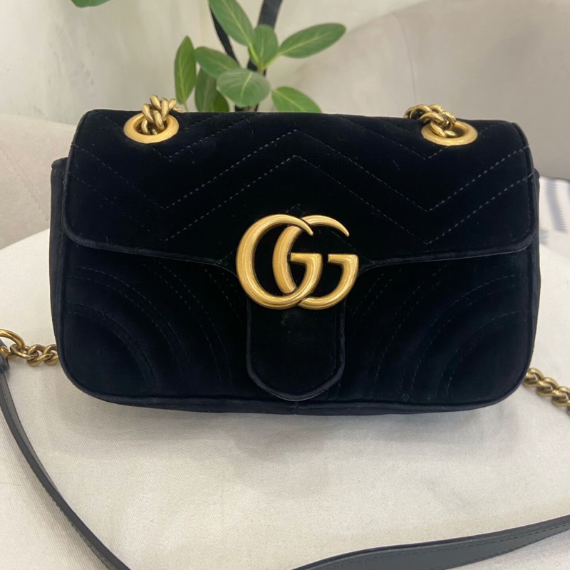 【95新✨全網最低價】Gucci古馳Marmont26 黑色絲絨鏈條包-0