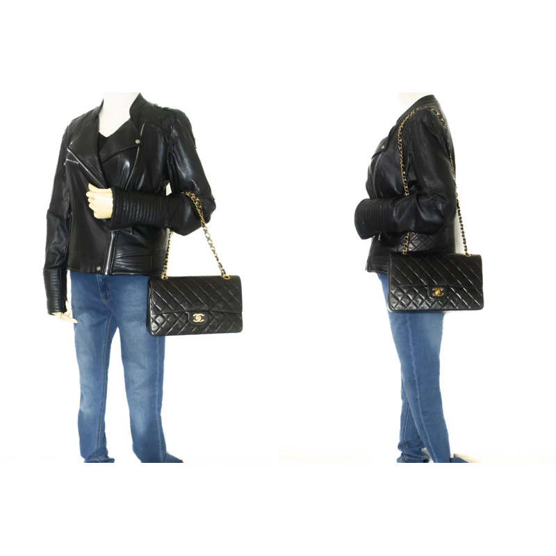【日本直送】香奈兒經典雙蓋10吋鏈條單肩背包,黑色羊皮-11