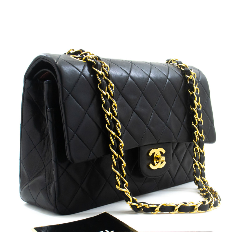 【日本直送】香奈兒經典雙蓋10吋鏈條單肩背包，黑色羊皮-0
