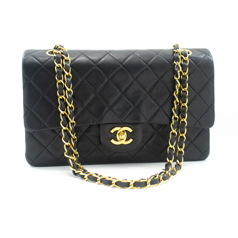 【日本直送】香奈兒經典雙蓋10吋鏈條單肩背包，黑色羊皮-1