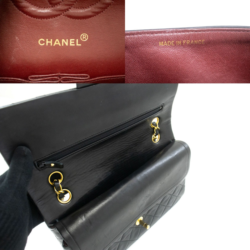 【日本直送】香奈兒經典雙蓋10吋鏈條單肩背包，黑色羊皮-7