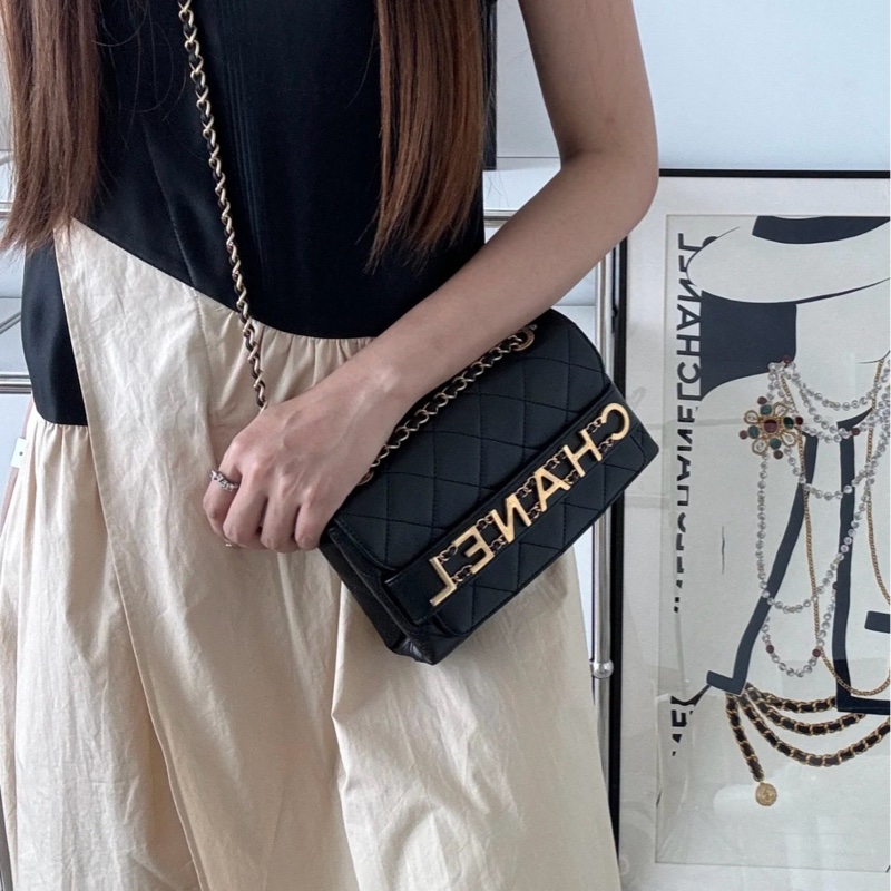 99新Chanel香奈兒 黑金皮穿鏈字母logo插蓋盒子包 小號-3