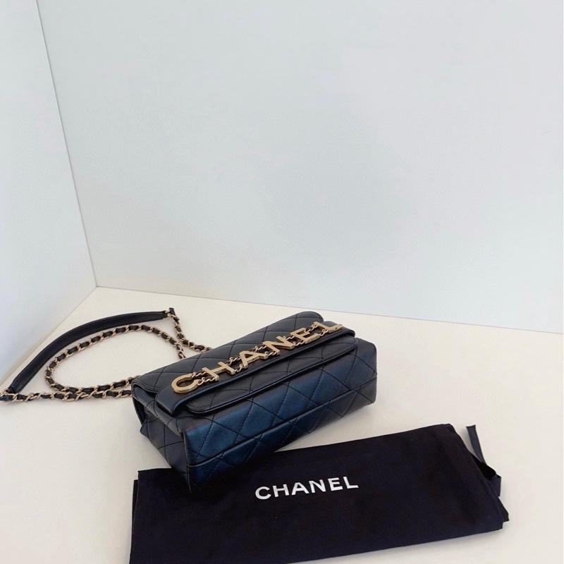 99新Chanel香奈兒 黑金皮穿鏈字母logo插蓋盒子包 小號-5