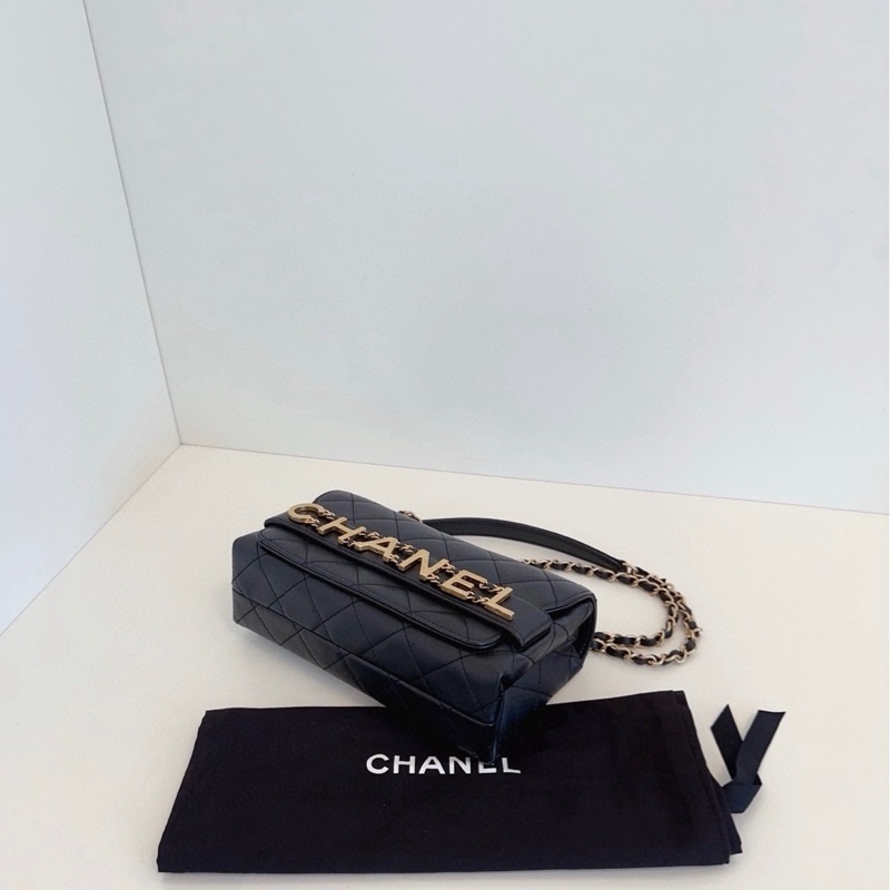 99新Chanel香奈兒 黑金皮穿鏈字母logo插蓋盒子包 小號-6