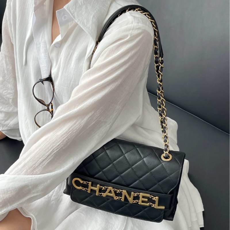 99新Chanel香奈兒 黑金皮穿鏈字母logo插蓋盒子包 小號-9