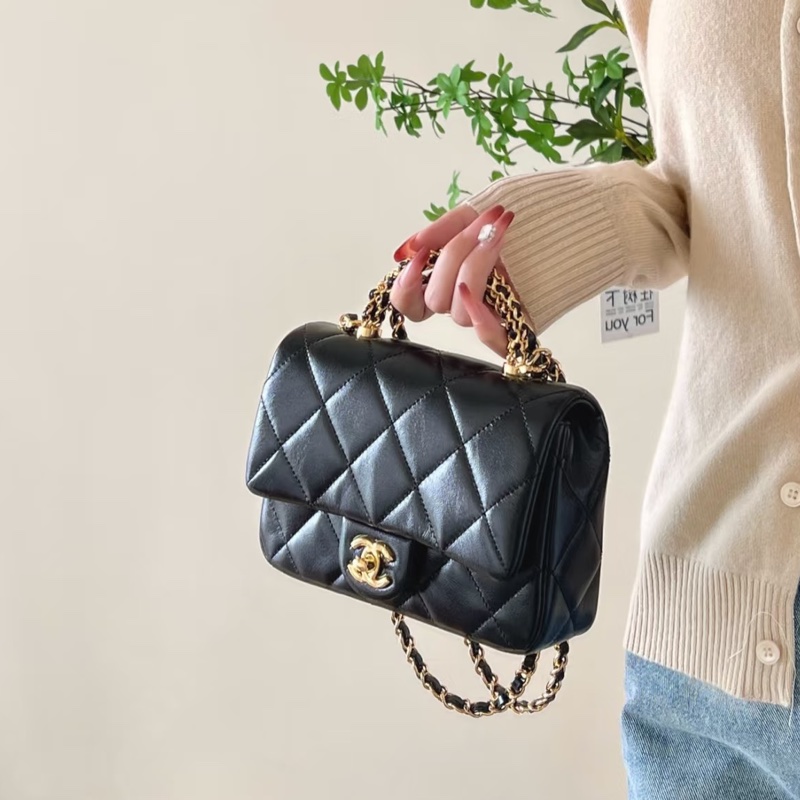 絕美氣質天花板🤩超低價99新🆕Chanel黑金菱格紋手柄cf方胖子單肩斜挎手提包-3