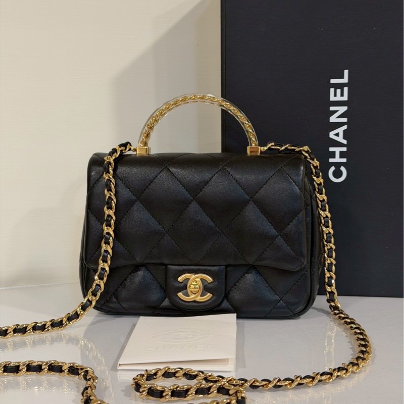 絕美氣質天花板🤩超低價99新🆕Chanel黑金菱格紋手柄cf方胖子單肩斜挎手提包-5