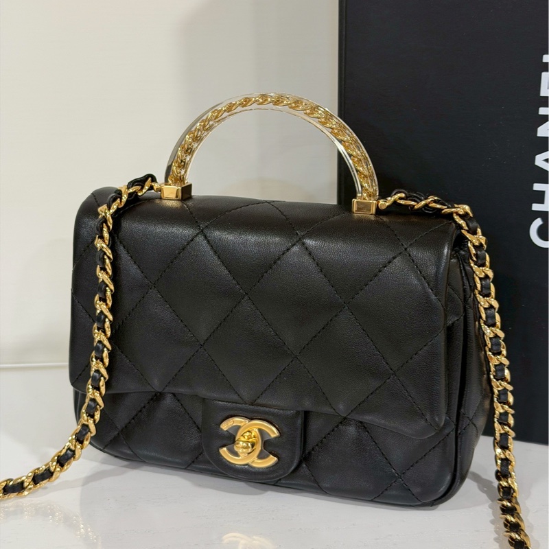 絕美氣質天花板🤩超低價99新🆕Chanel黑金菱格紋手柄cf方胖子單肩斜挎手提包-6