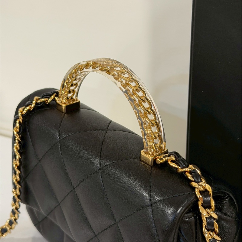 絕美氣質天花板🤩超低價99新🆕Chanel黑金菱格紋手柄cf方胖子單肩斜挎手提包-8
