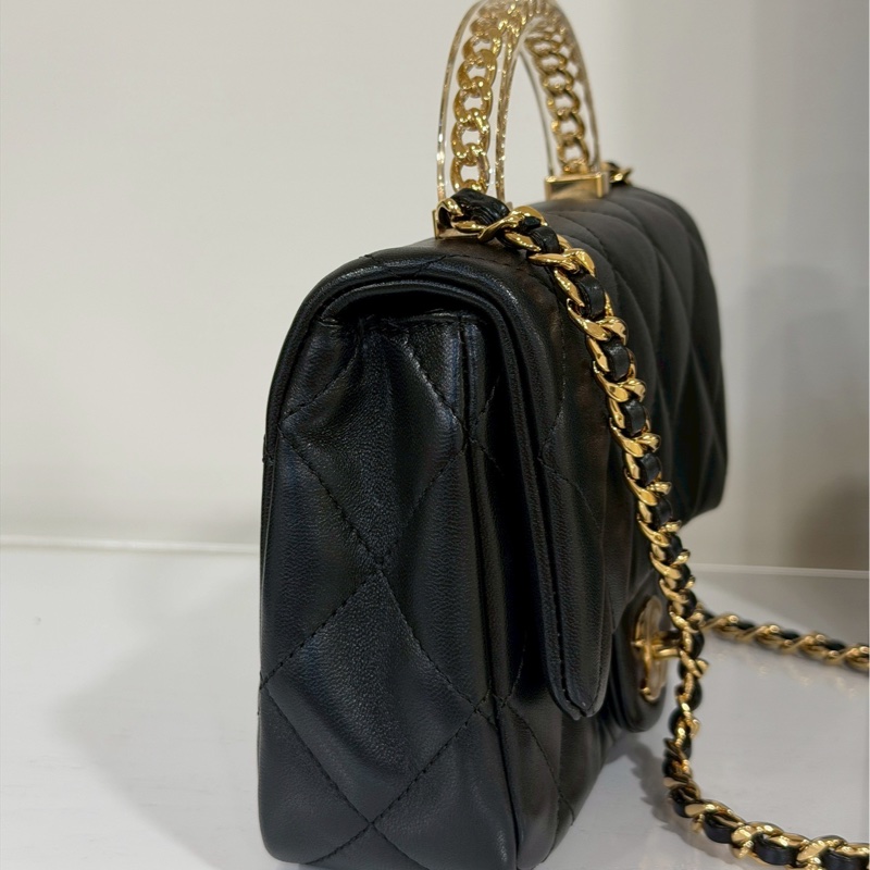 絕美氣質天花板🤩超低價99新🆕Chanel黑金菱格紋手柄cf方胖子單肩斜挎手提包-9