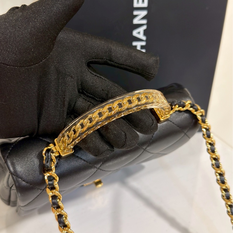 絕美氣質天花板🤩超低價99新🆕Chanel黑金菱格紋手柄cf方胖子單肩斜挎手提包-11