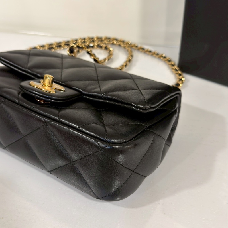 絕美氣質天花板🤩超低價99新🆕Chanel黑金菱格紋手柄cf方胖子單肩斜挎手提包-13