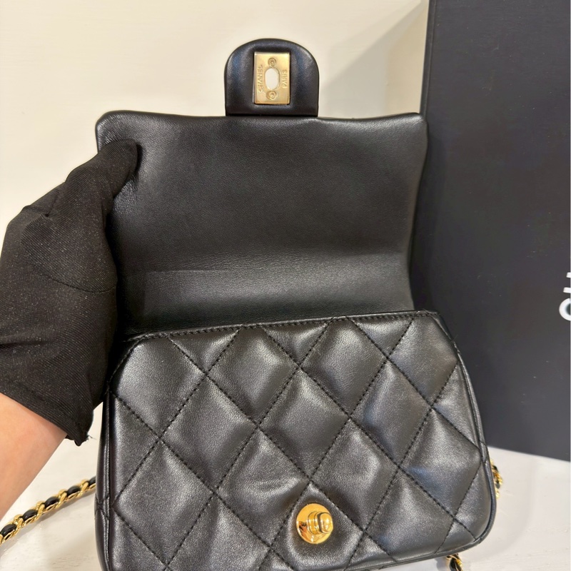 絕美氣質天花板🤩超低價99新🆕Chanel黑金菱格紋手柄cf方胖子單肩斜挎手提包-15