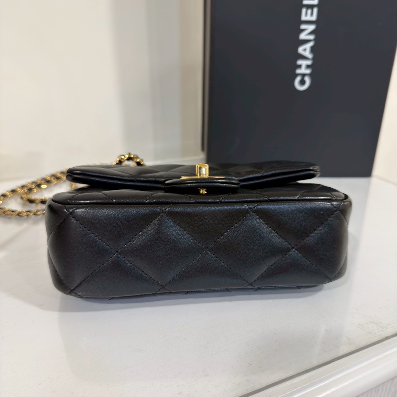 絕美氣質天花板🤩超低價99新🆕Chanel黑金菱格紋手柄cf方胖子單肩斜挎手提包-17