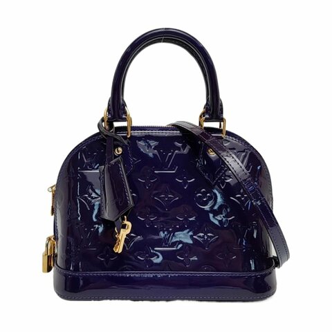 LOUIS VUITTON ALMA BB 紫色漆皮老花壓紋貝殼包斜挎包手提包單肩包銀色五金可拆卸肩帶