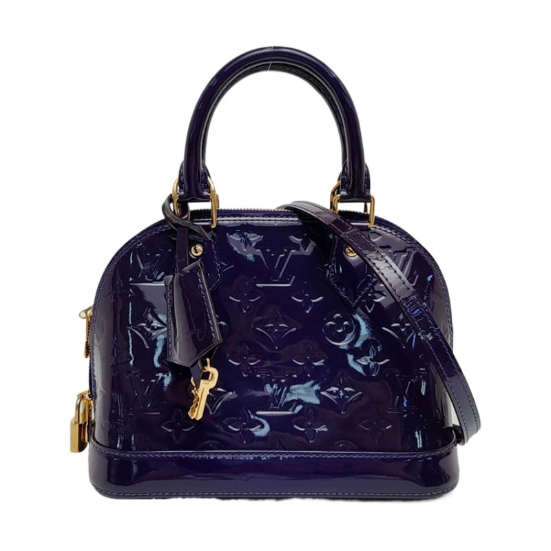 LOUIS VUITTON ALMA BB 紫色漆皮老花壓紋貝殼包斜挎包手提包單肩包銀色五金可拆卸肩帶-0