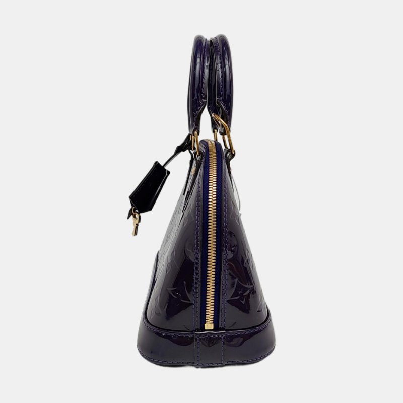 LOUIS VUITTON ALMA BB 紫色漆皮老花壓紋貝殼包斜挎包手提包單肩包銀色五金可拆卸肩帶-2